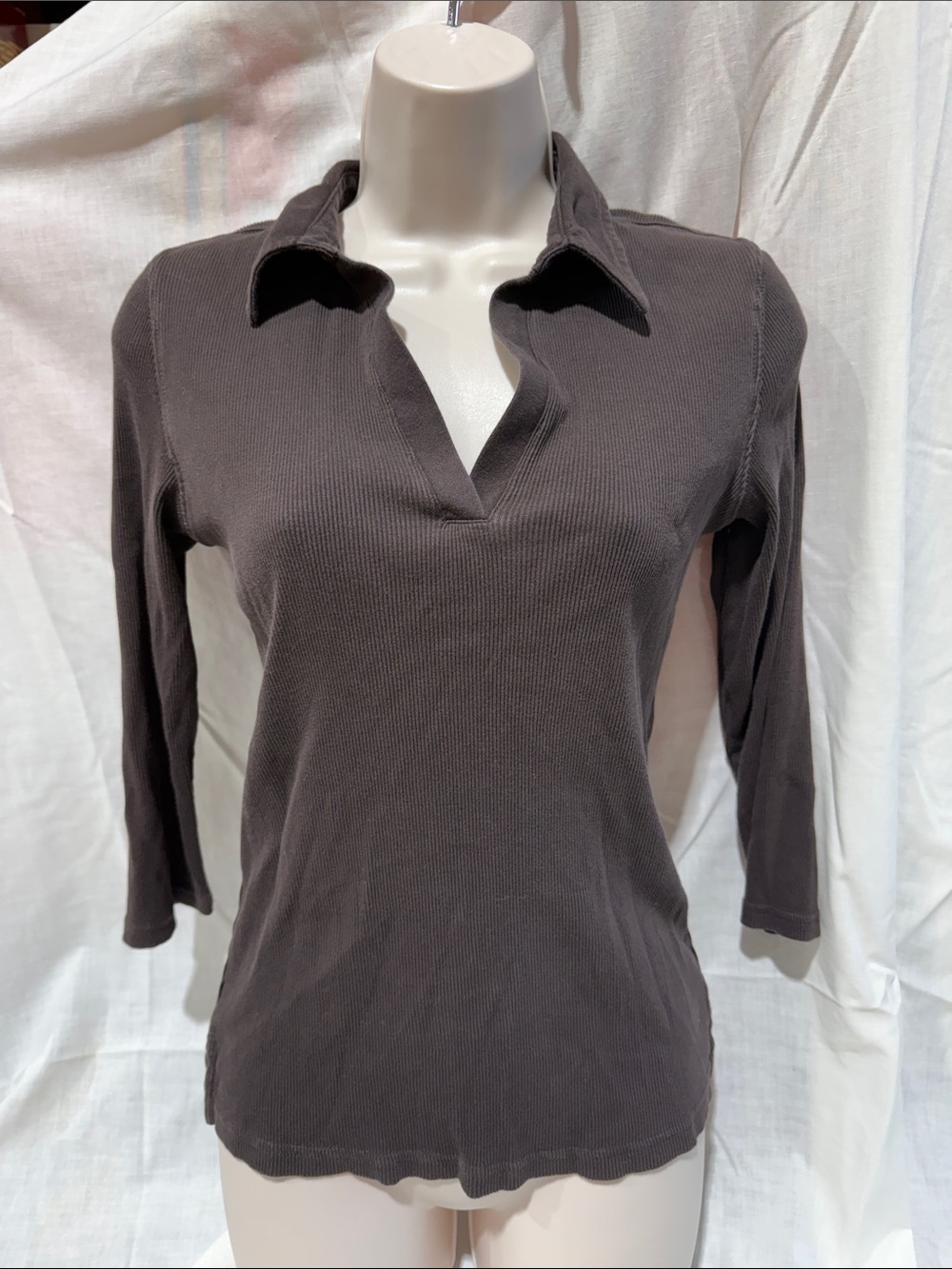 Y2K Ribbed V-Neck Collared Long Sleeve Top - Dark Brown